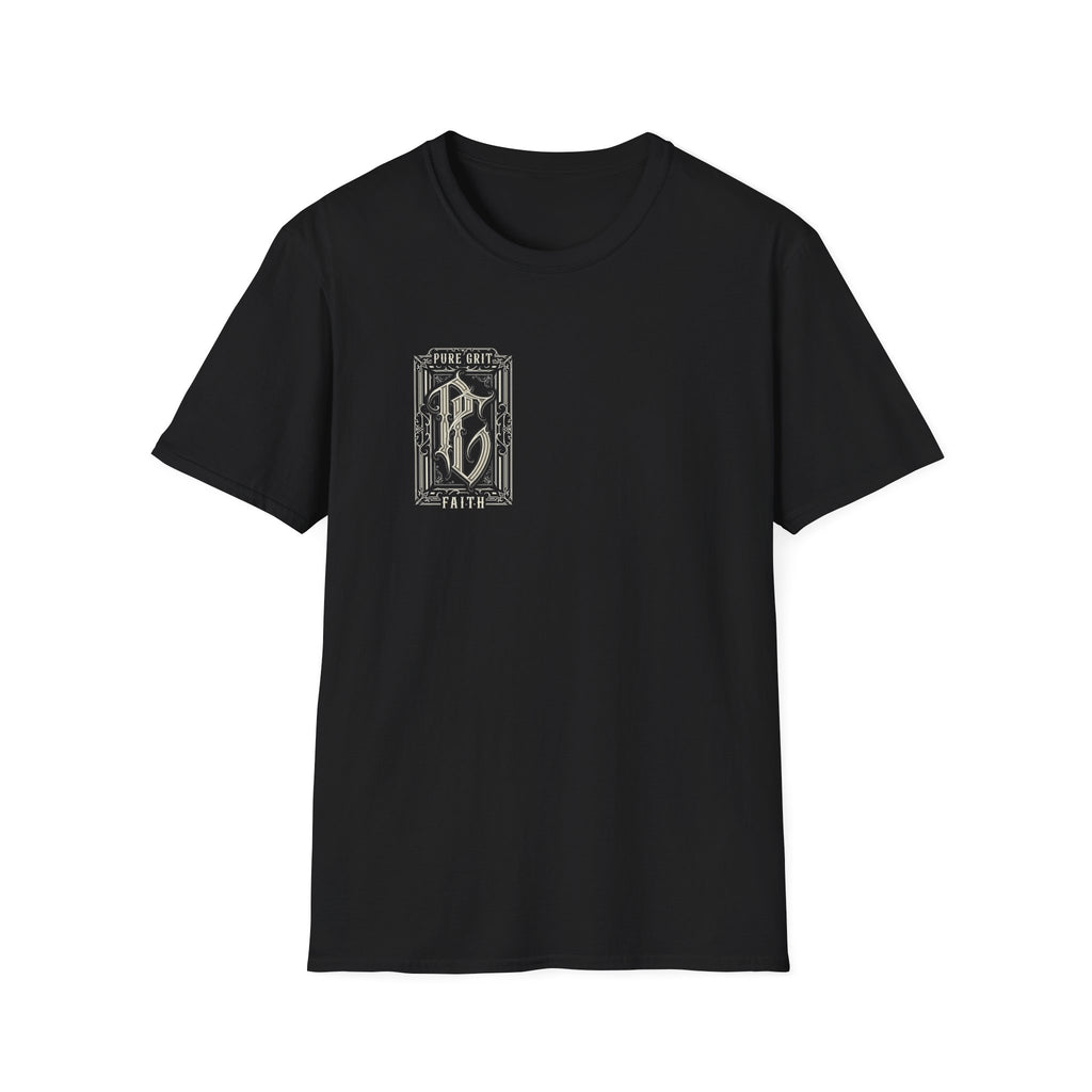 Black t-shirt with the Chosen Called Committed design in white across the back