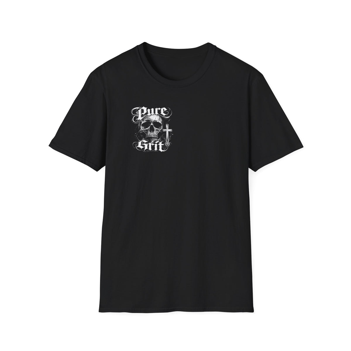 Black t-shirt with the We Fight Not Against Flesh and Blood design in white across the back