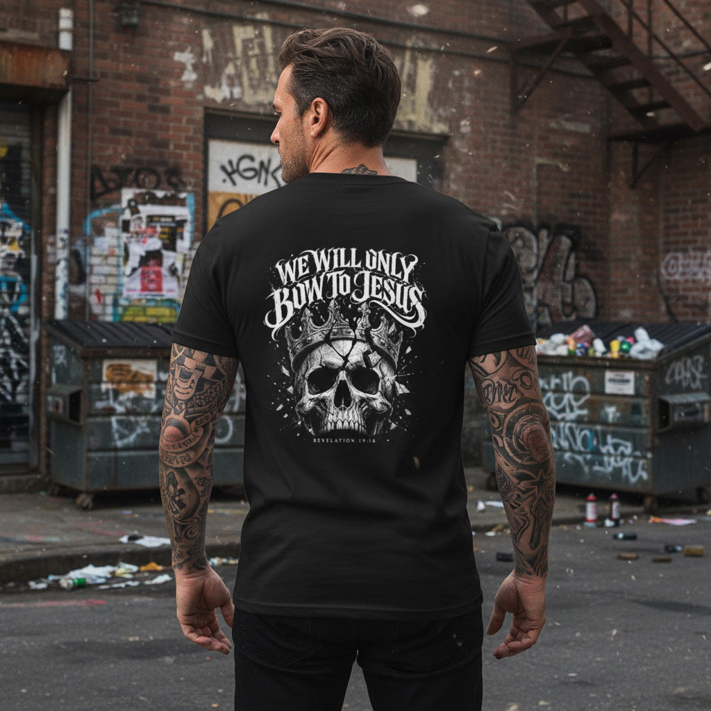 The We Will Only Bow To Jesus design in white on a black t-shirt