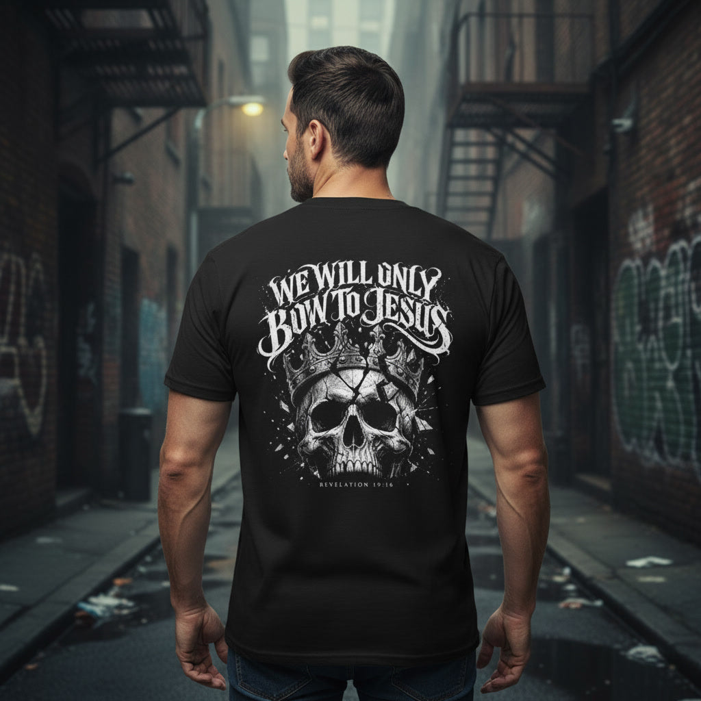 Black t-shirt showing the We Will Only Bow To Jesus print in white blackletter