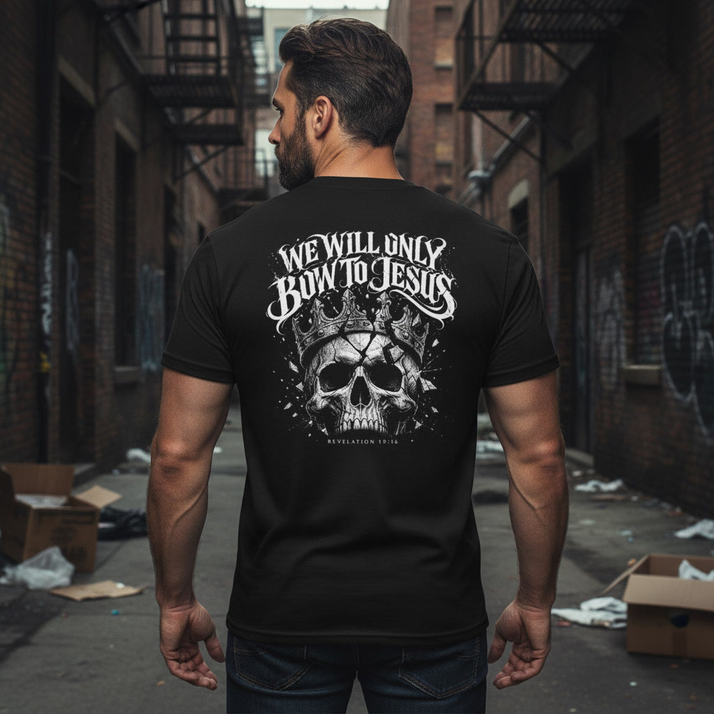We Will Only Bow To Jesus t-shirt in black with a white back print, alt Christian apparel