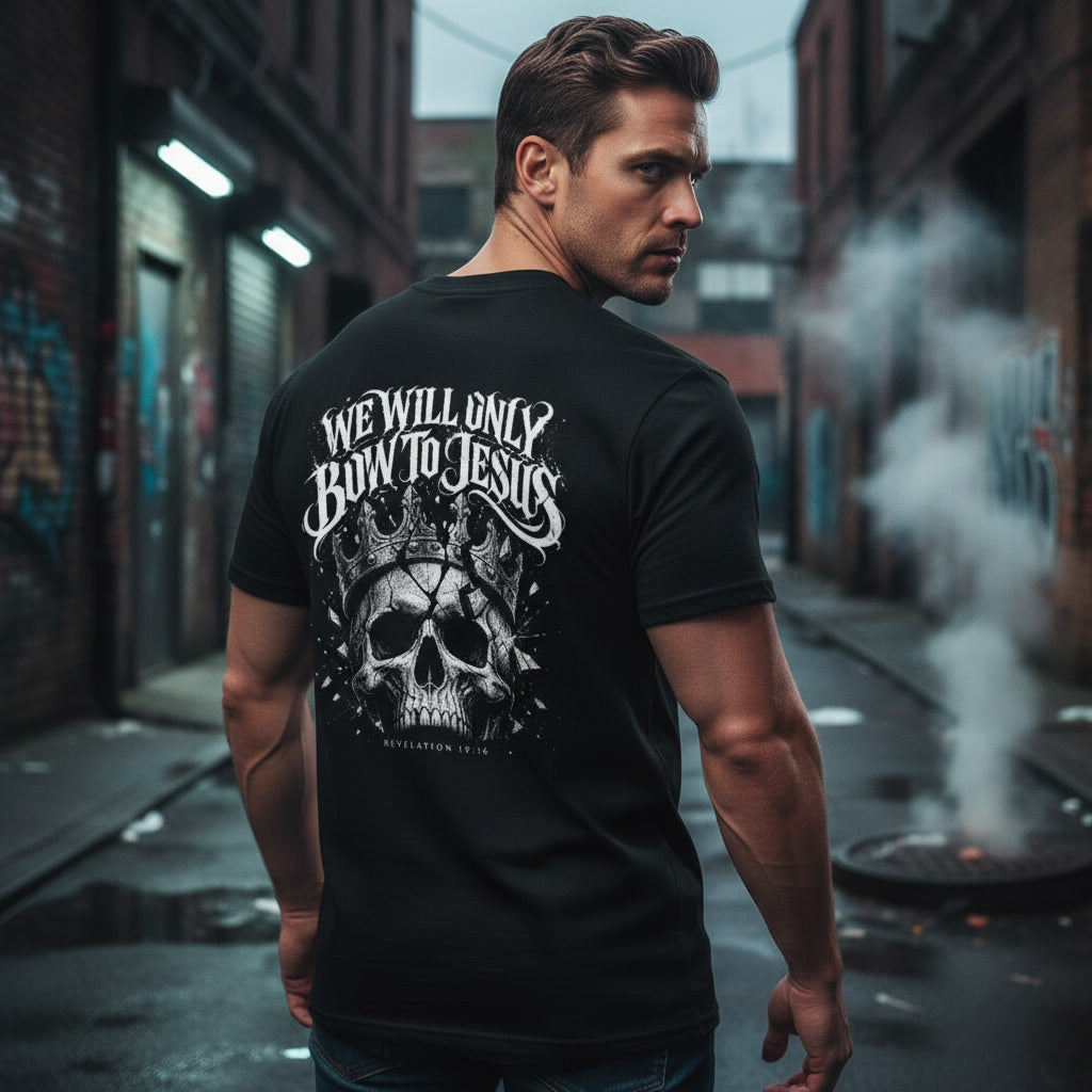 We Will Only Bow To Jesus t-shirt, alt Christian streetwear in black