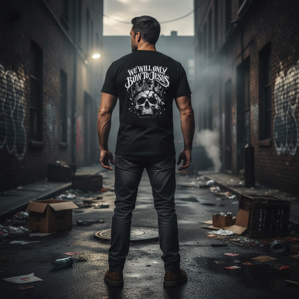 We Will Only Bow To Jesus black t-shirt from Pure Grit Faith, Christian metal style