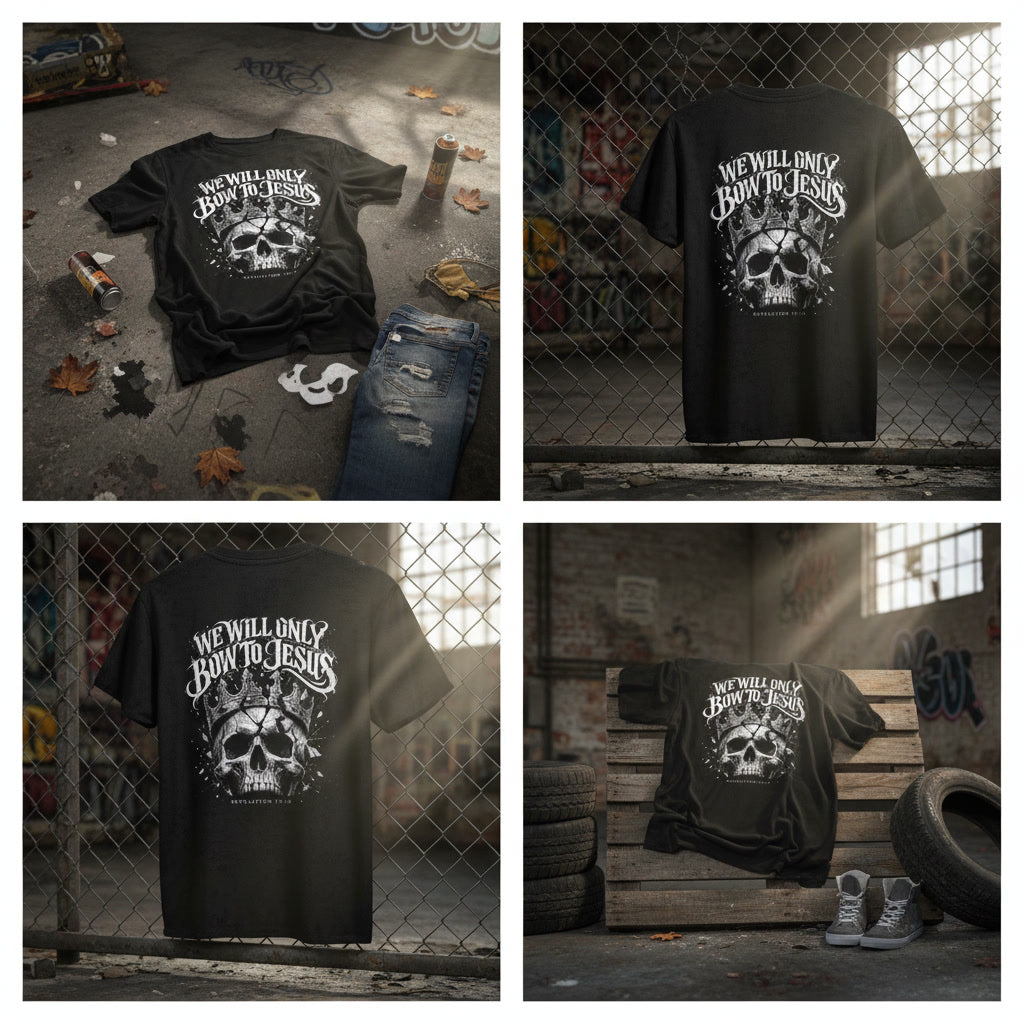 Black t-shirt with the We Will Only Bow To Jesus design in white across the back