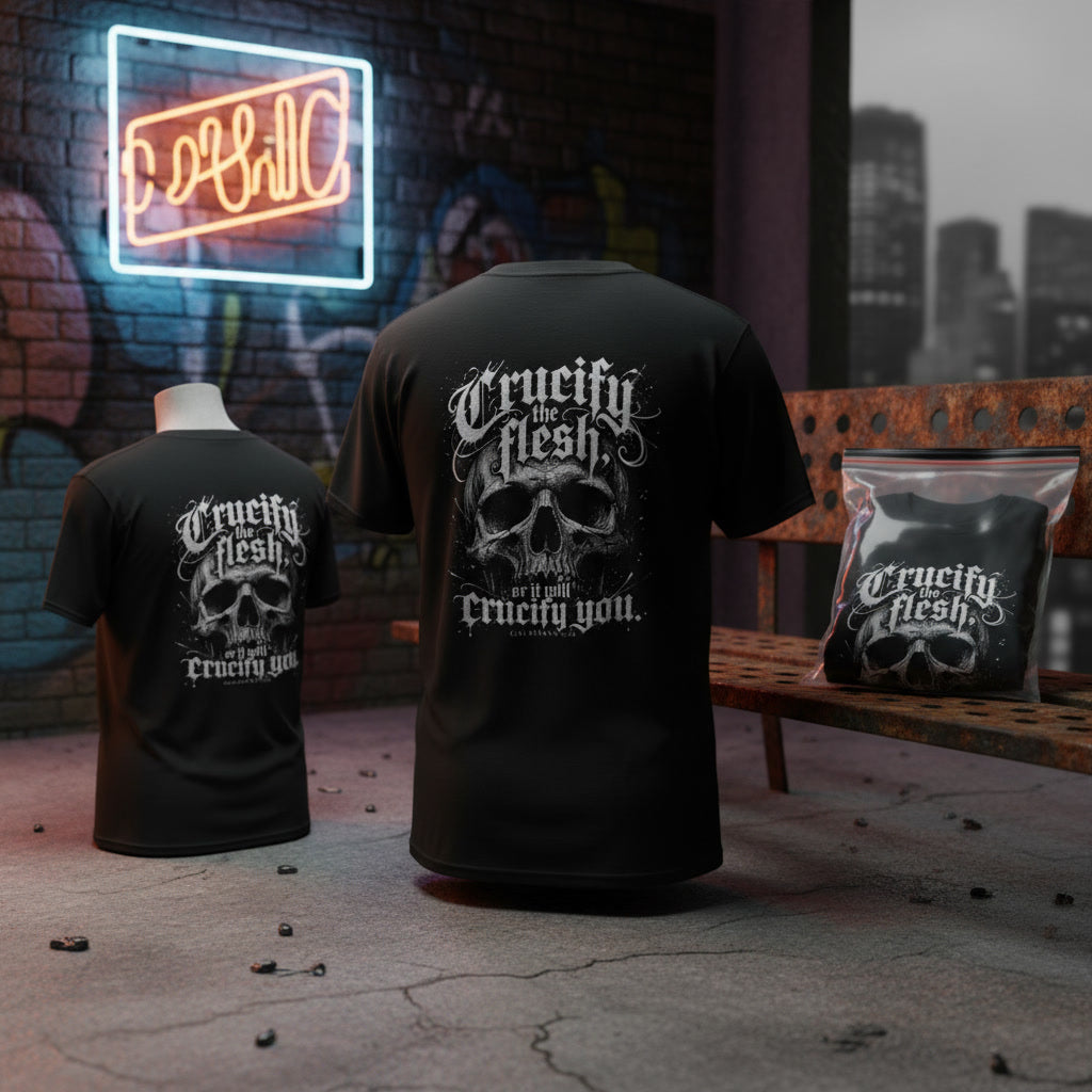 Black t-shirt with the Crucify the Flesh design in white across the back