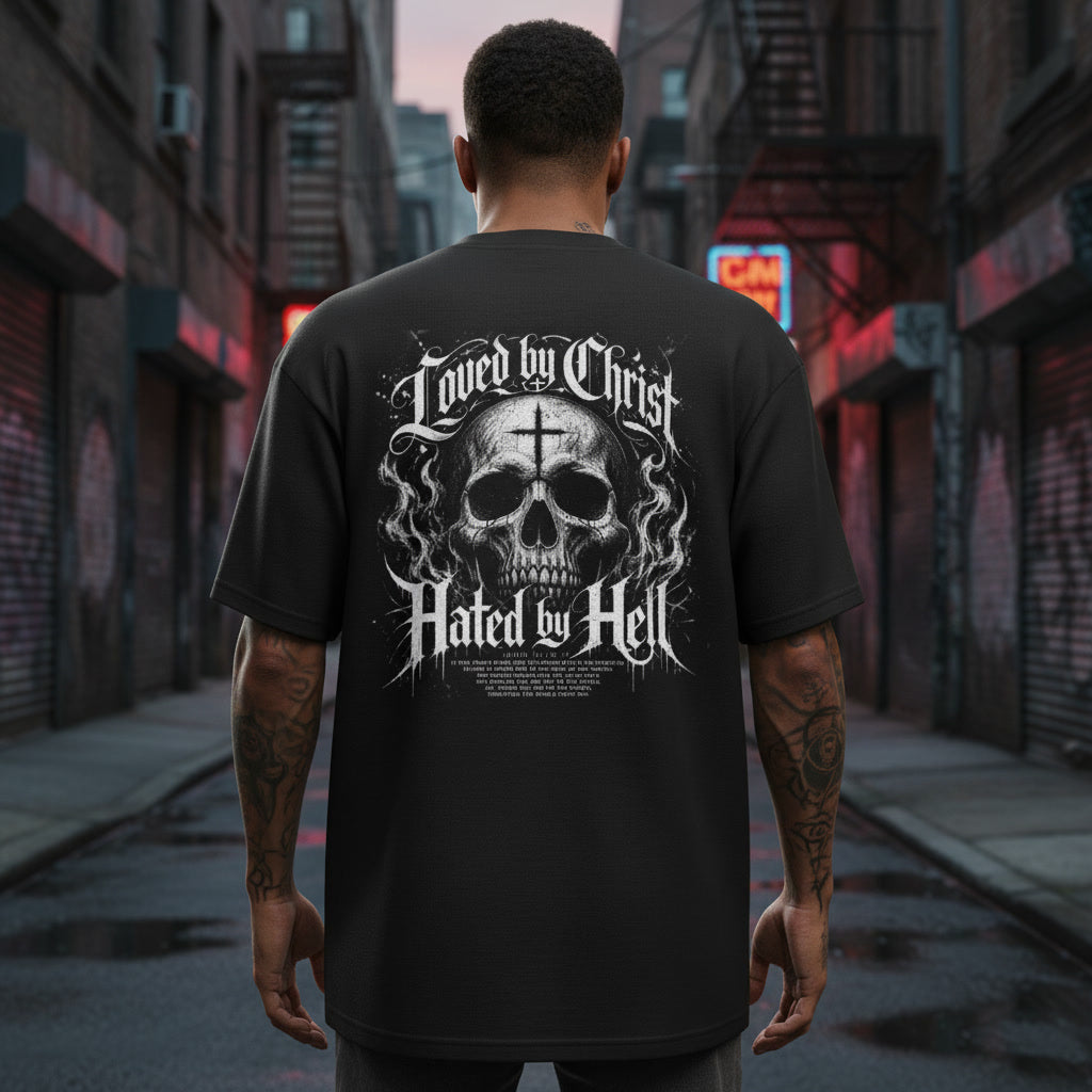 The Loved by Christ, Hated by Hell design in white on a black t-shirt