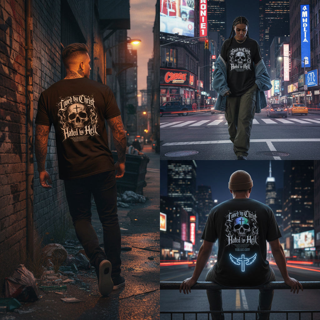 Black t-shirt showing the Loved by Christ, Hated by Hell print in white blackletter