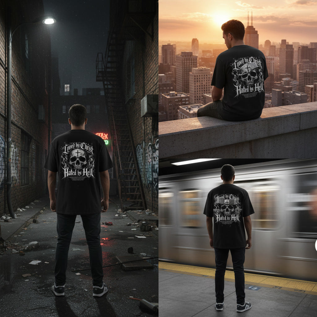 Loved by Christ, Hated by Hell black t-shirt from Pure Grit Faith, Christian metal style