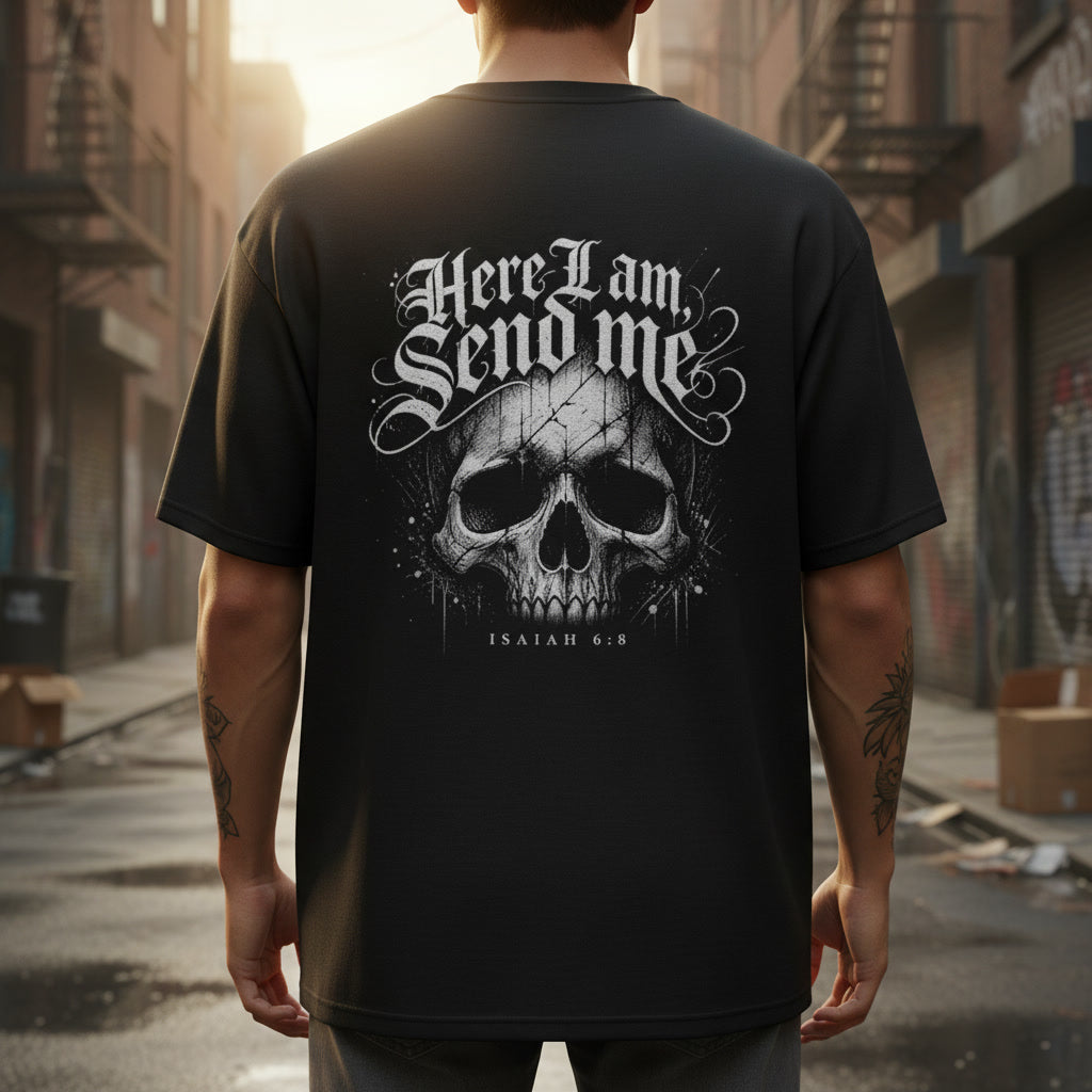 Here I Am, Send Me t-shirt in black with a white back print, alt Christian apparel