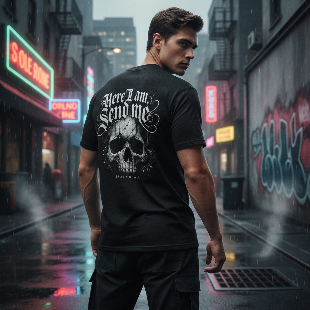 Here I Am, Send Me black t-shirt from Pure Grit Faith, Christian metal style