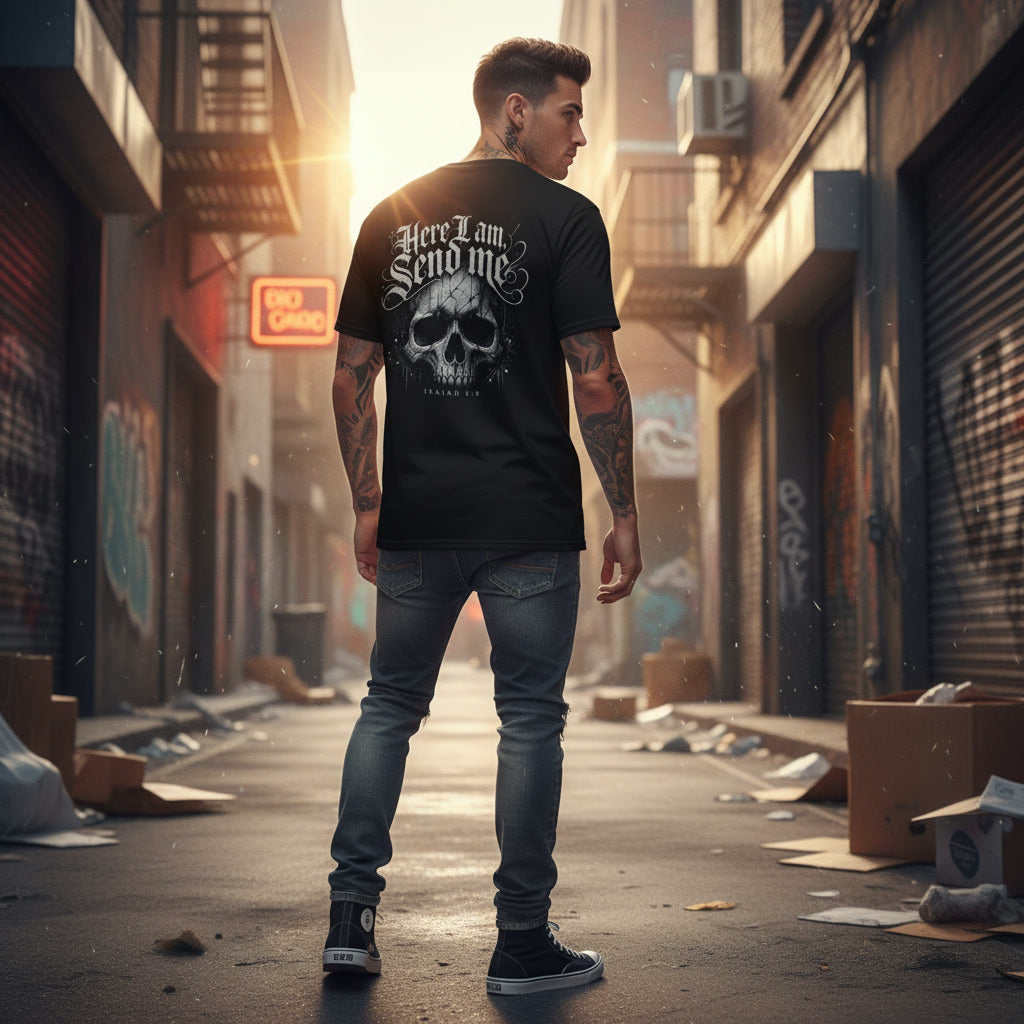 Black t-shirt showing the Here I Am, Send Me print in white blackletter