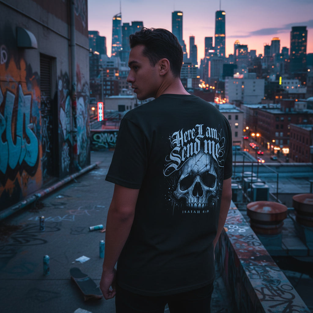 Here I Am, Send Me t-shirt, alt Christian streetwear in black
