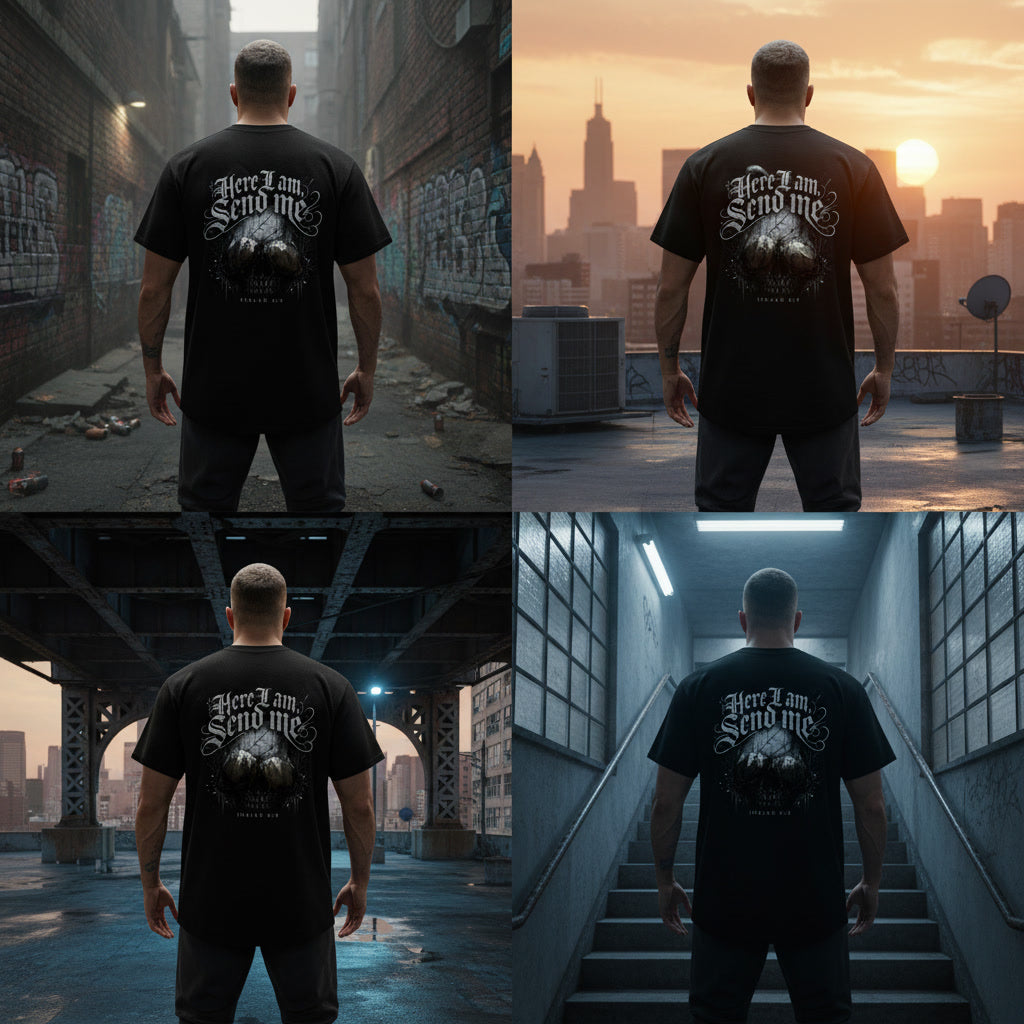 Black t-shirt with the Here I Am, Send Me design in white across the back