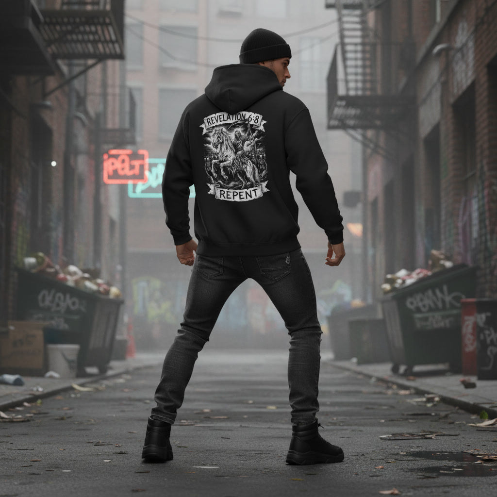 Pale Horse black hoodie from Pure Grit Faith, Christian metal style