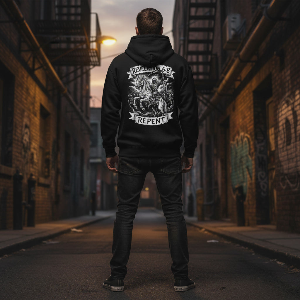 Black hoodie showing the Pale Horse print in white blackletter