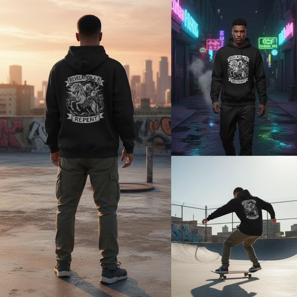 Black hoodie with the Pale Horse design in white across the back