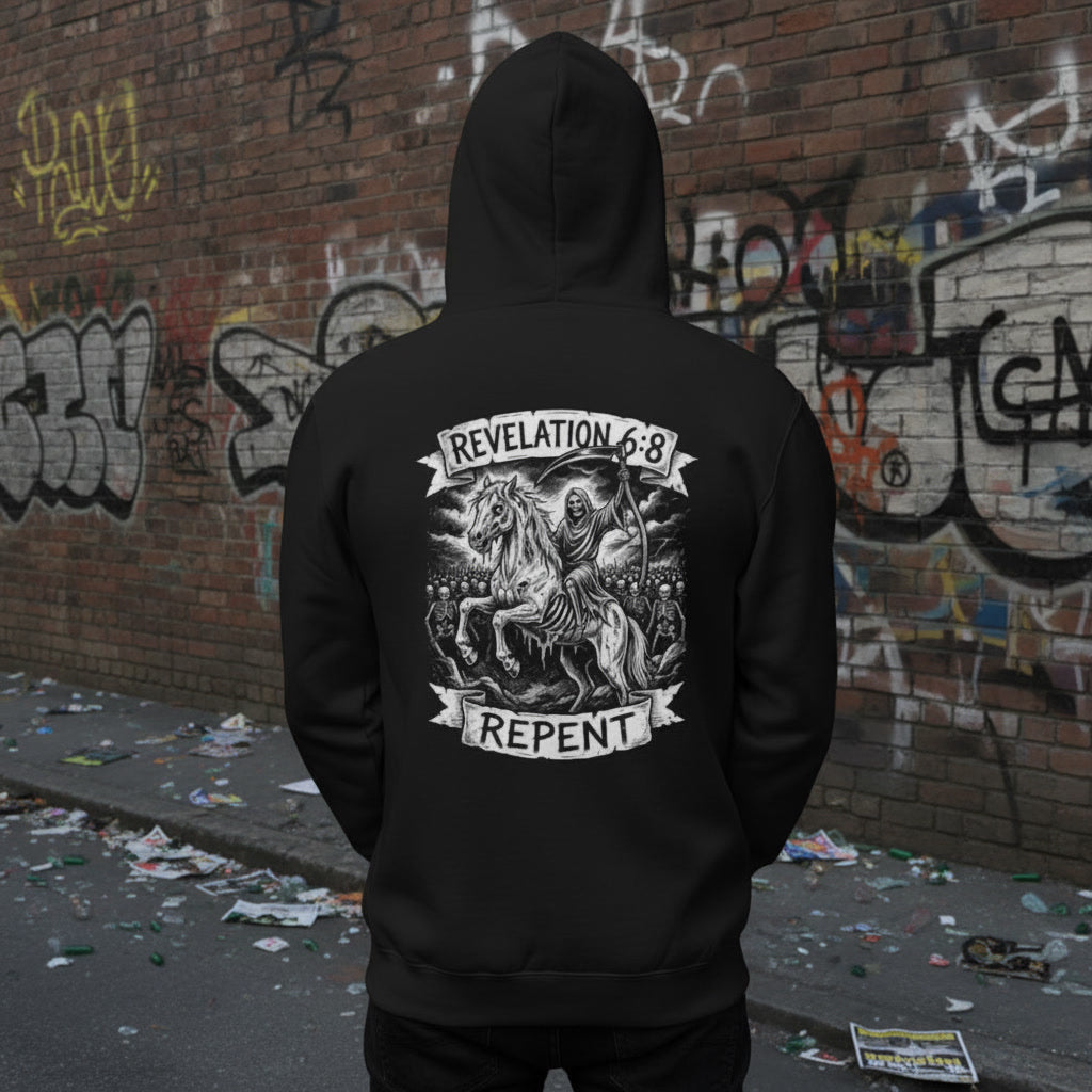Pale Horse hoodie in black with a white back print, alt Christian apparel