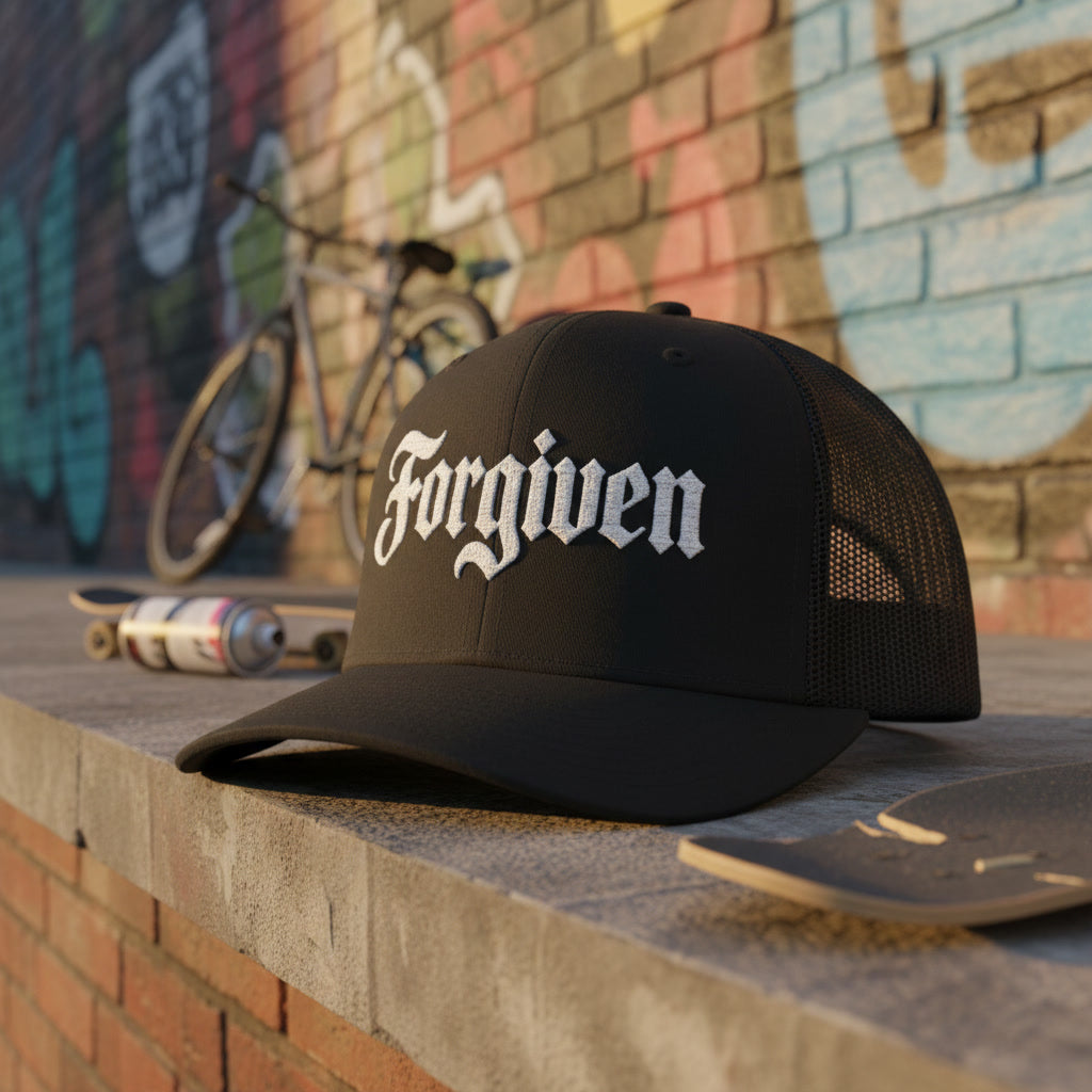 Forgiven black trucker hat, white blackletter embroidery on the front