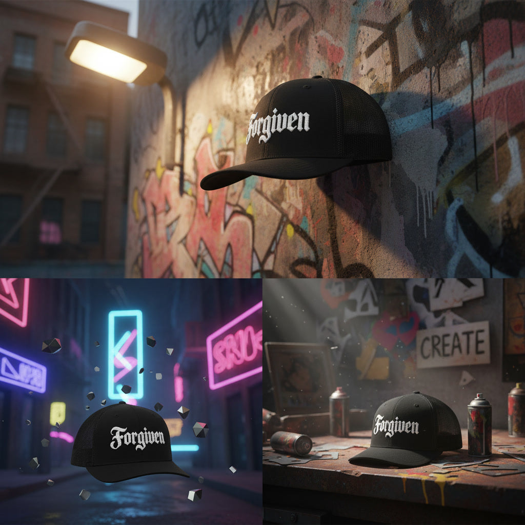 Black Forgiven trucker cap from Pure Grit Faith, alt Christian streetwear