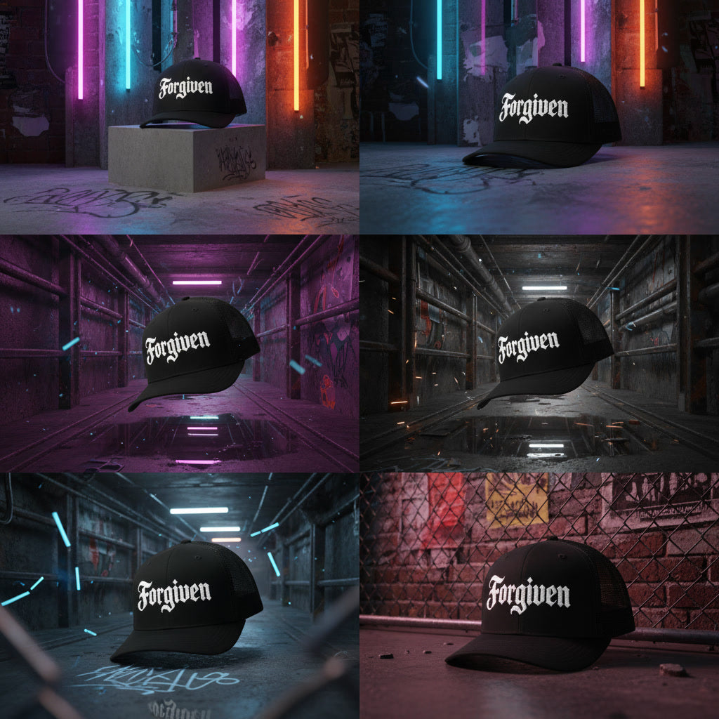 Forgiven trucker hat in black with white lettering