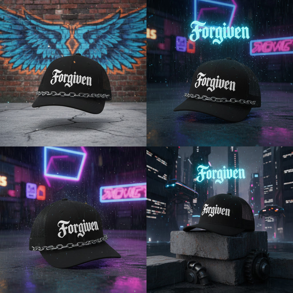 Black mesh-back trucker cap reading Forgiven