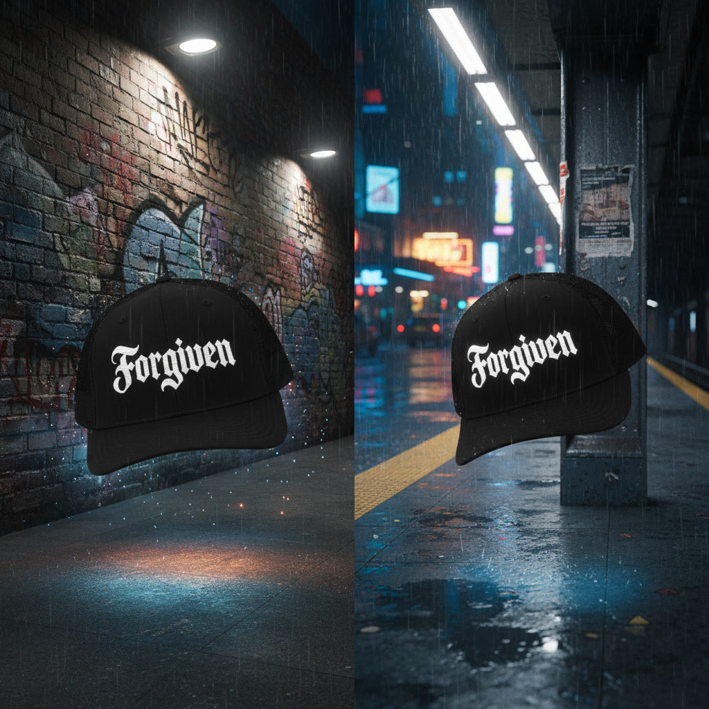 Forgiven cap in black, Christian metal style streetwear