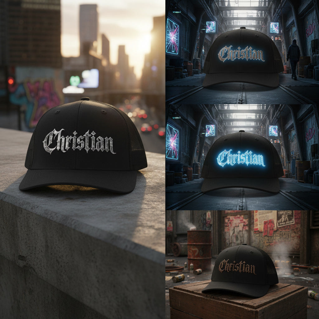 Black mesh-back trucker cap reading Christian