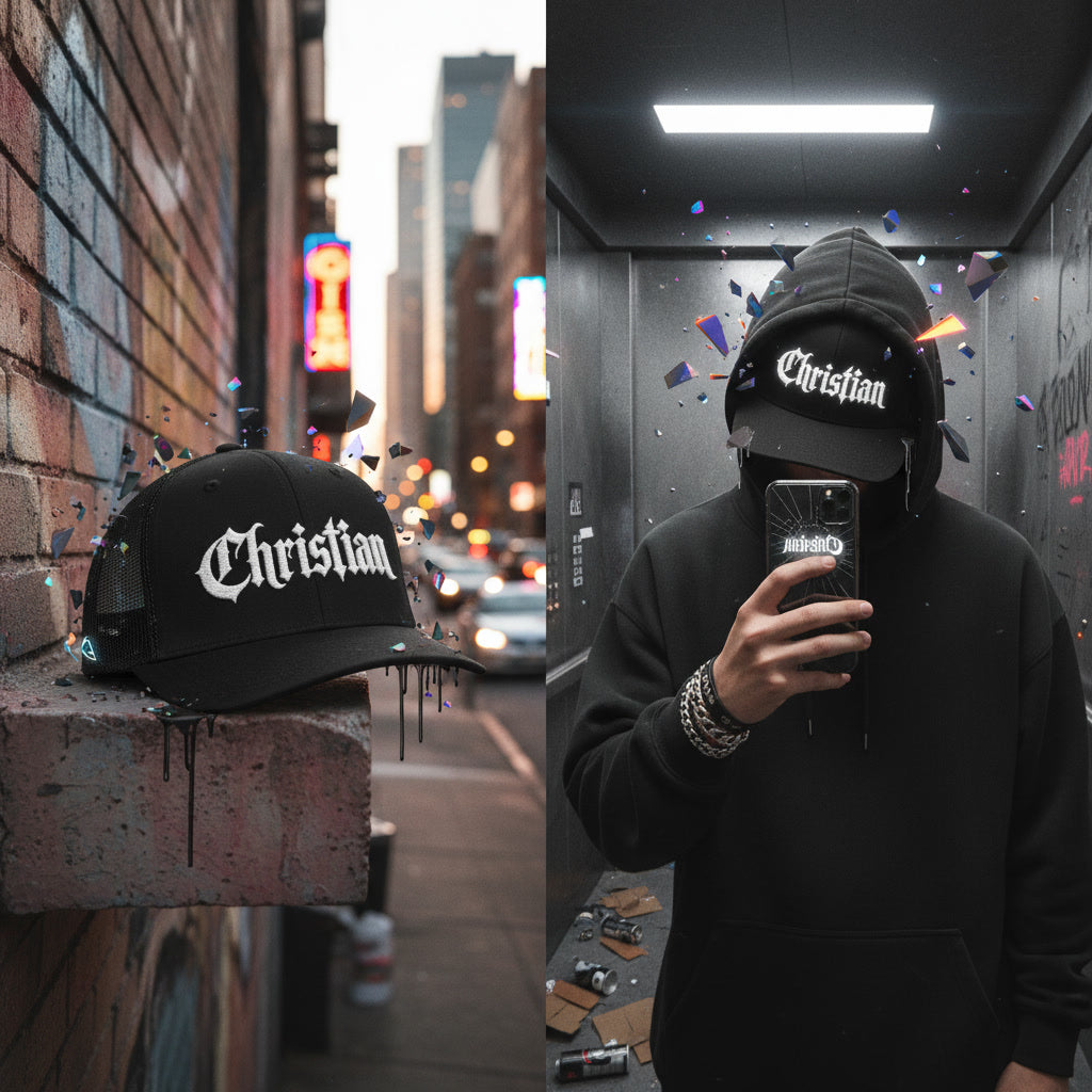 Black Christian trucker cap from Pure Grit Faith, alt Christian streetwear