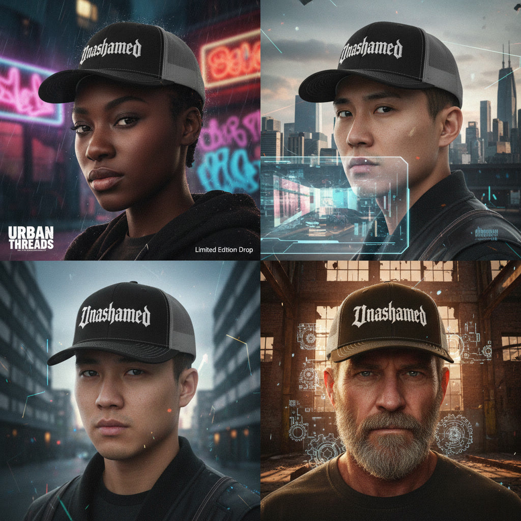 Black Unashamed trucker cap from Pure Grit Faith, alt Christian streetwear