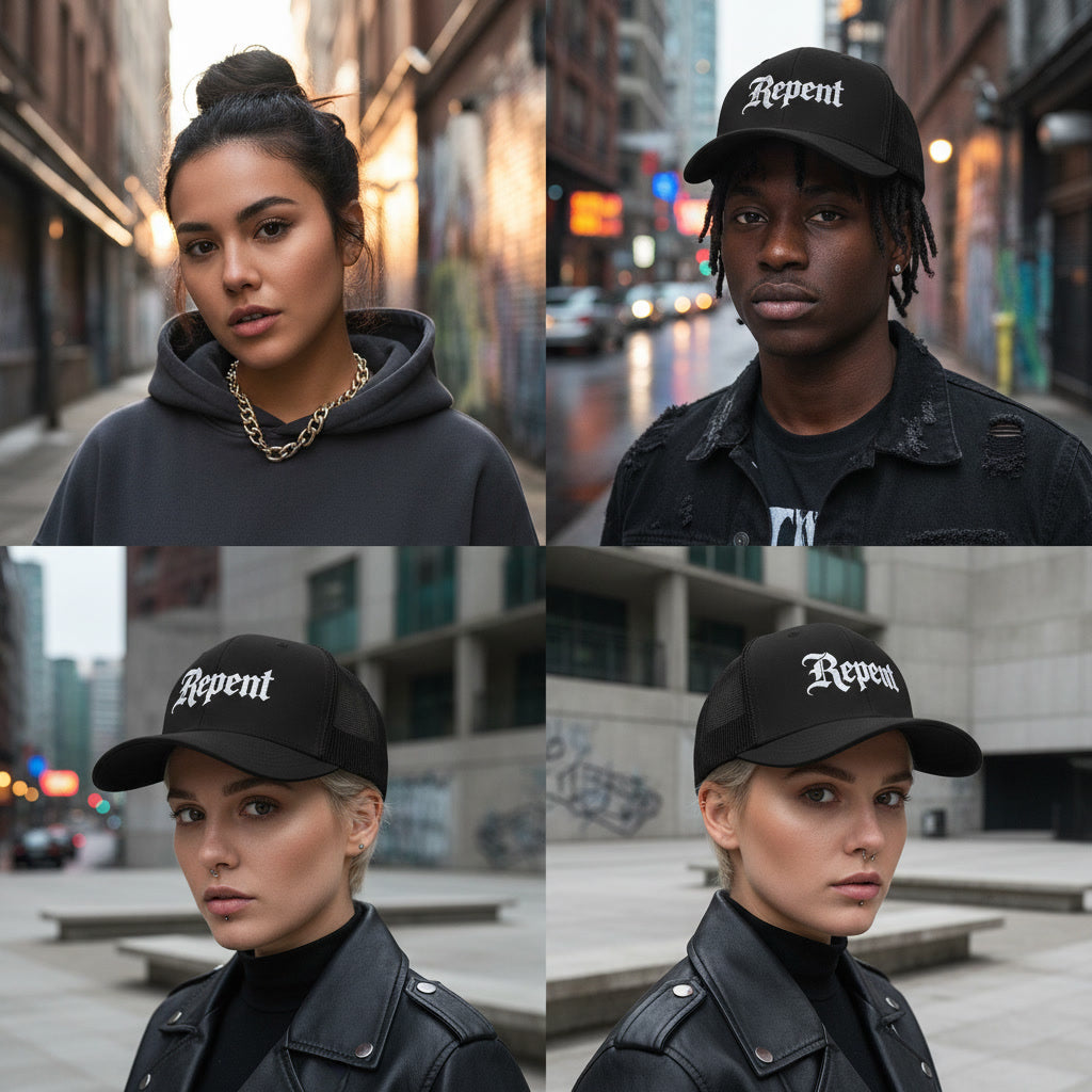 Repent trucker hat in black with white lettering