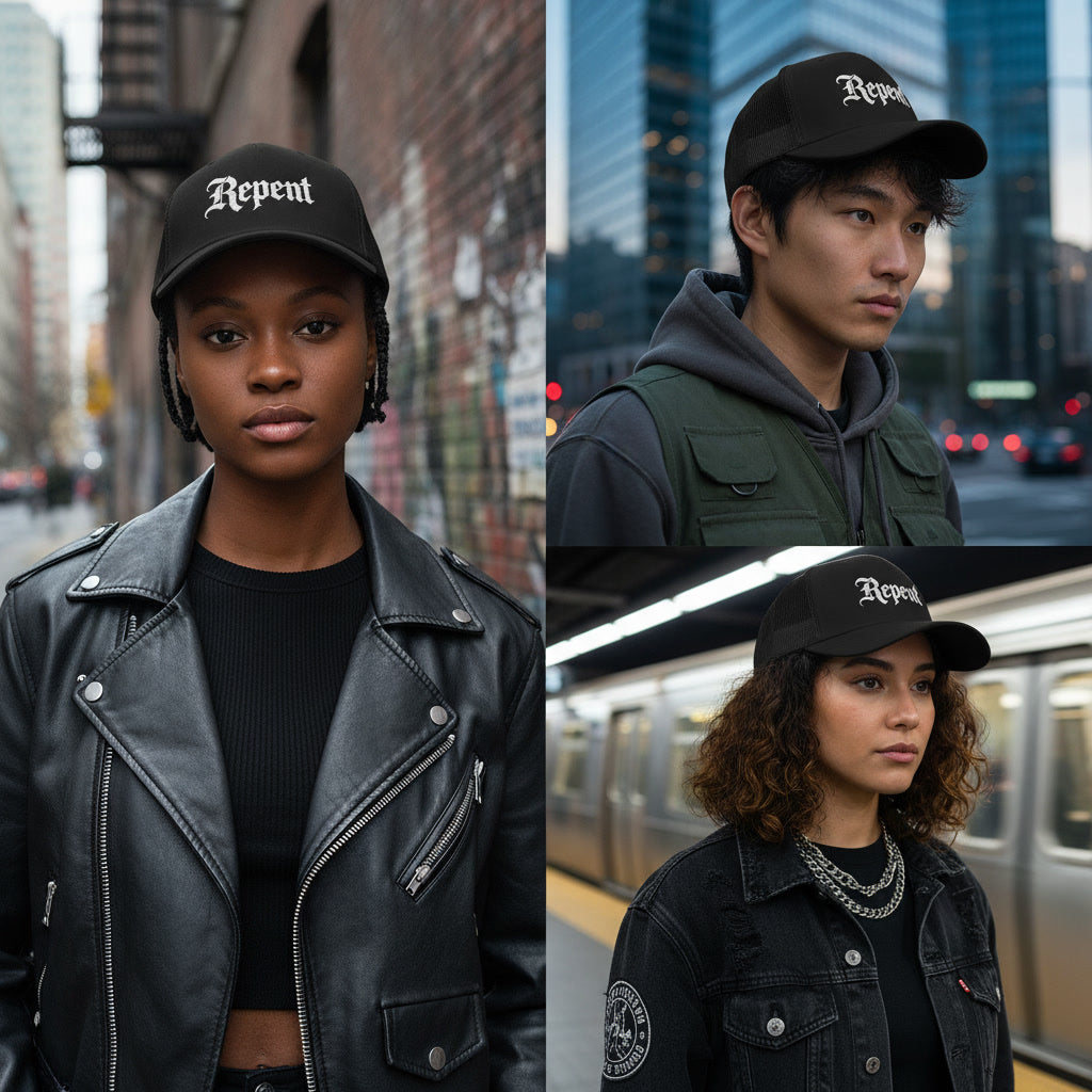 Black mesh-back trucker cap reading Repent