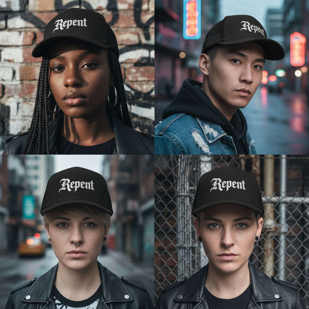 Repent cap in black, Christian metal style streetwear