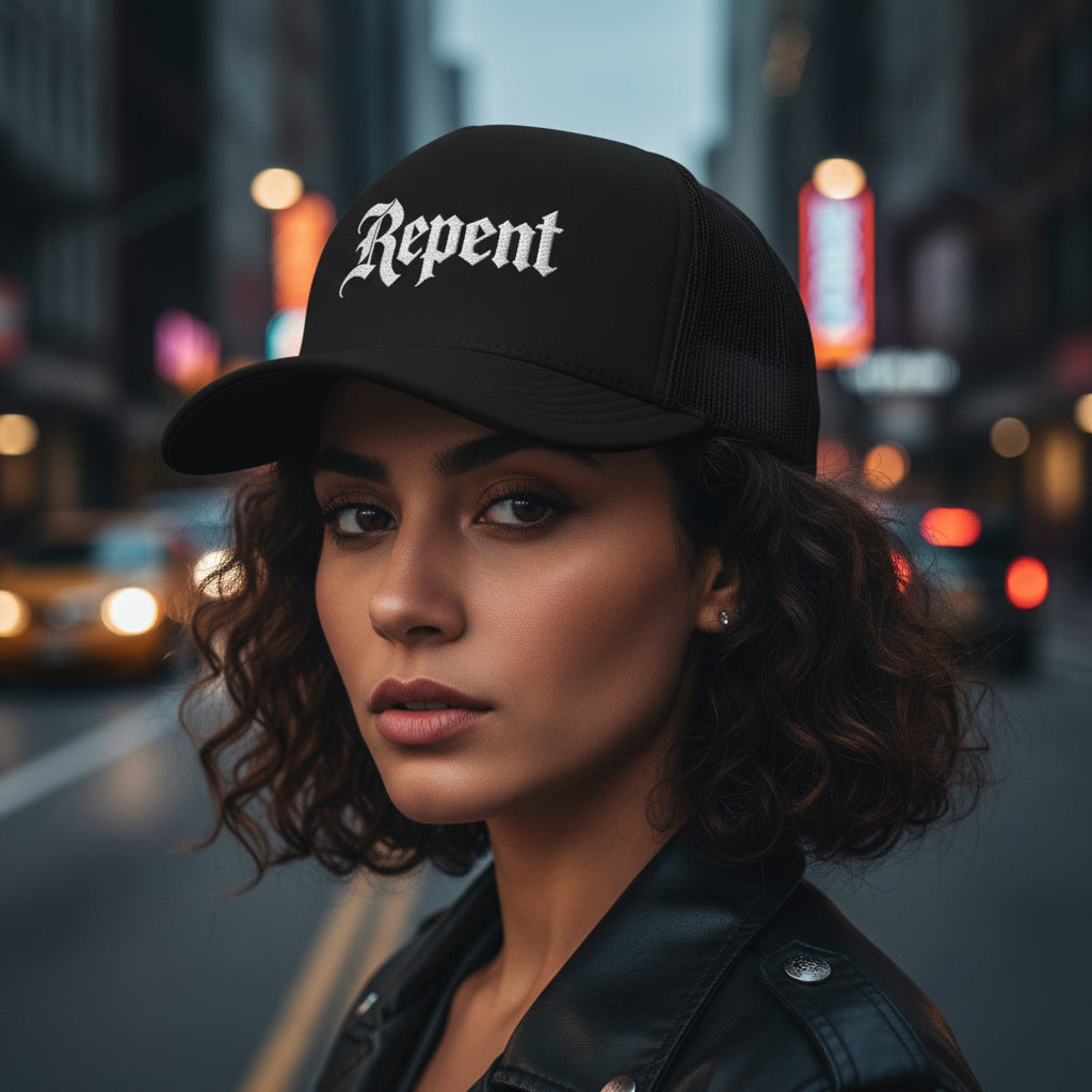 Repent black trucker hat, white blackletter embroidery on the front