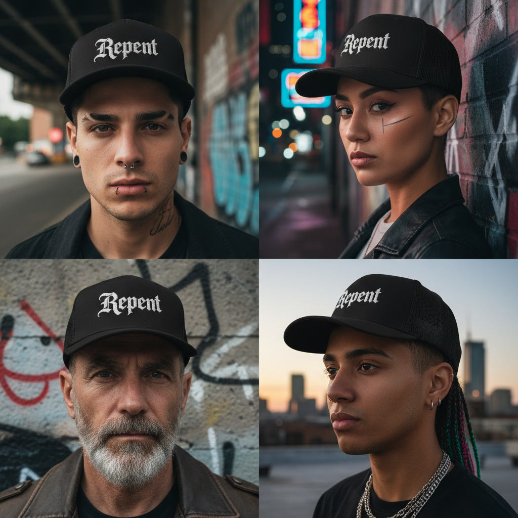 Black Repent trucker cap from Pure Grit Faith, alt Christian streetwear