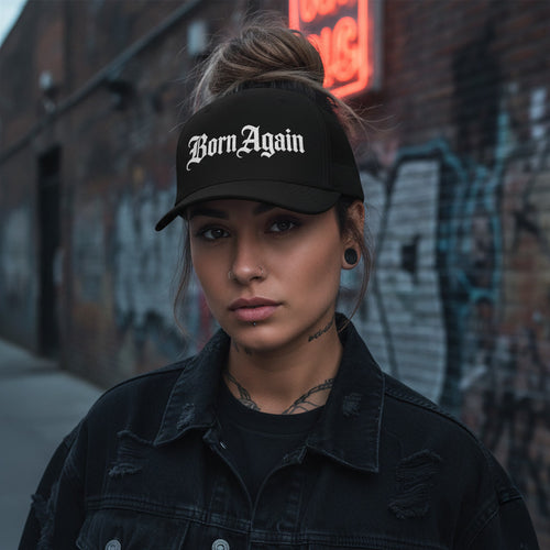 Born Again black trucker hat, white blackletter embroidery on the front
