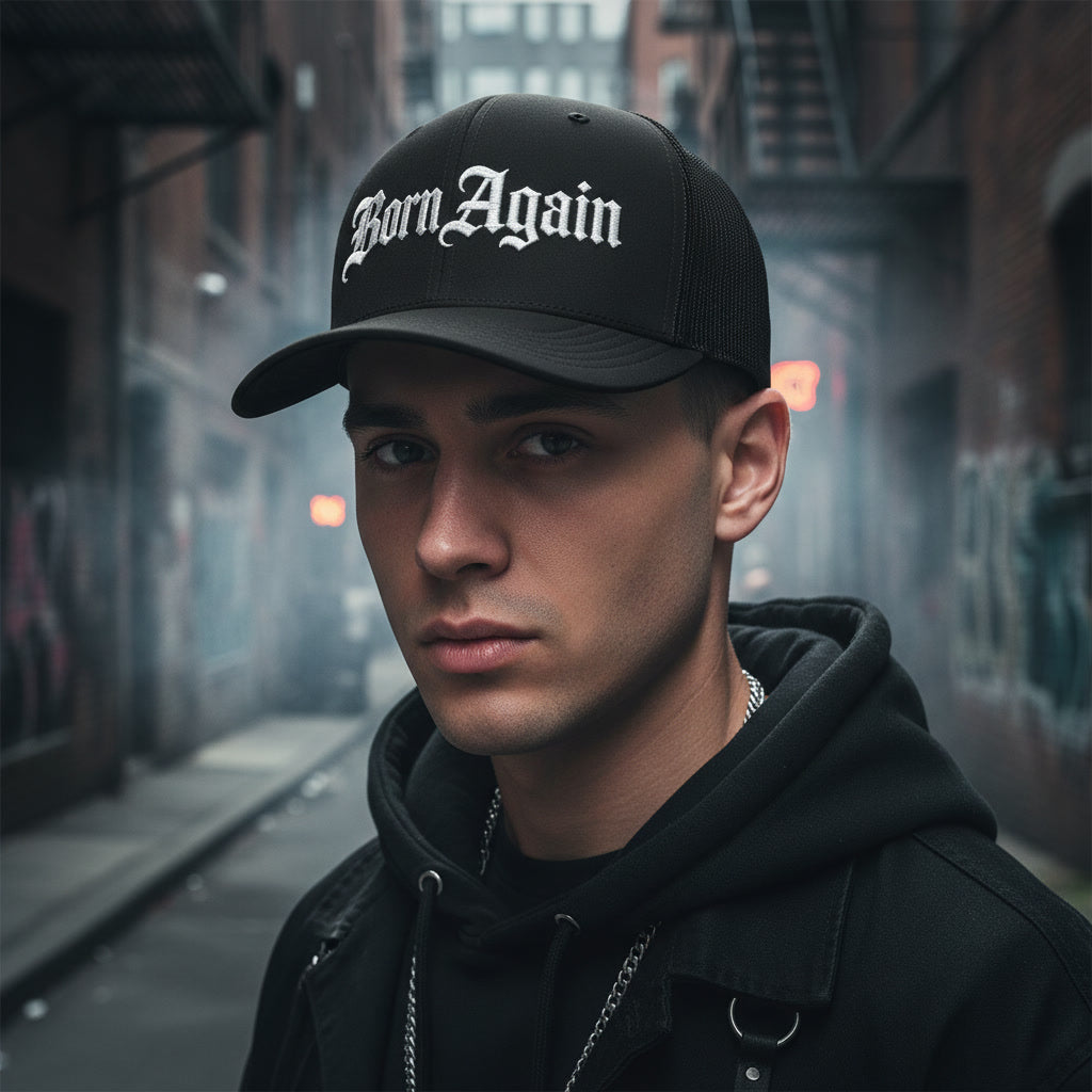 Black Born Again trucker cap from Pure Grit Faith, alt Christian streetwear