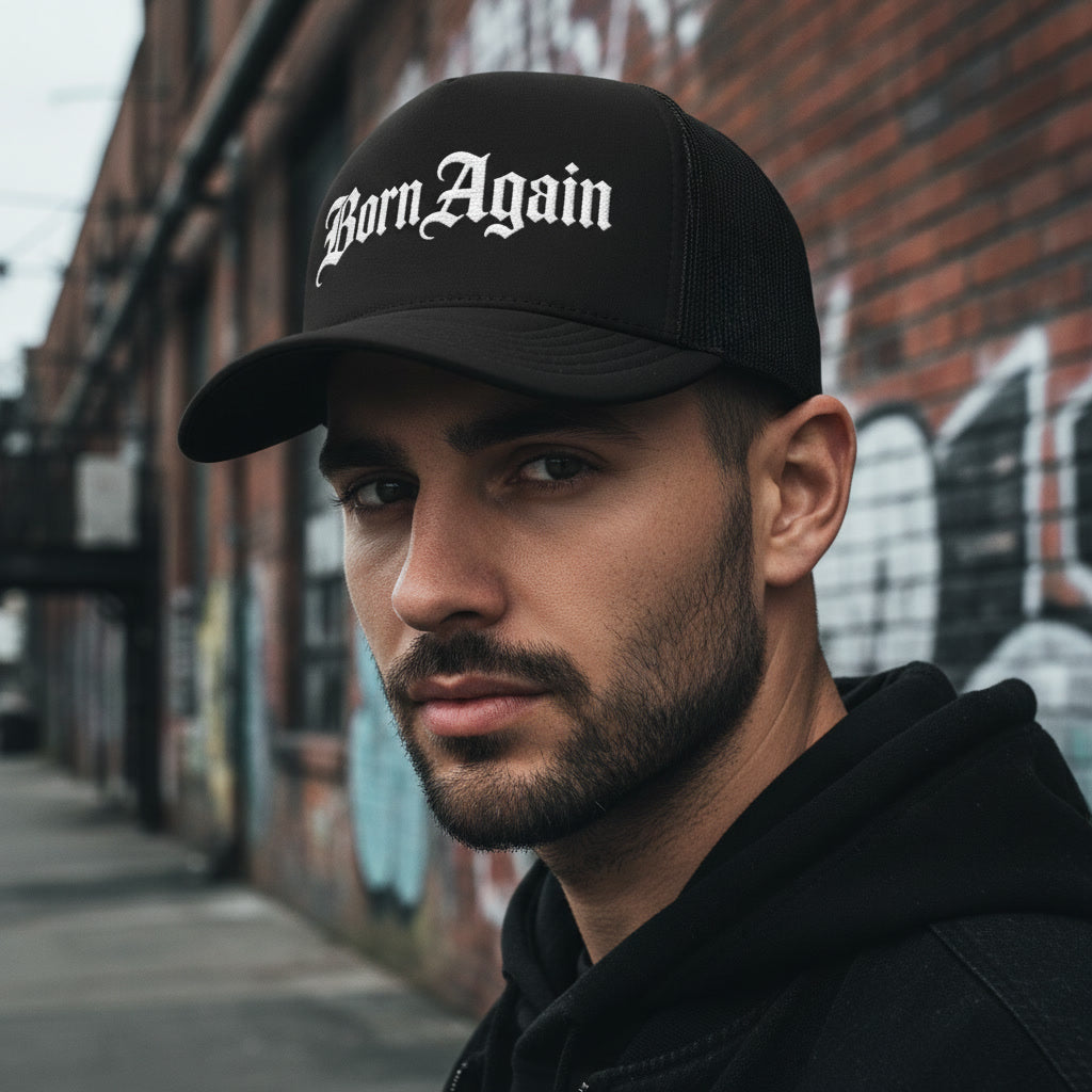 Born Again trucker hat in black with white lettering