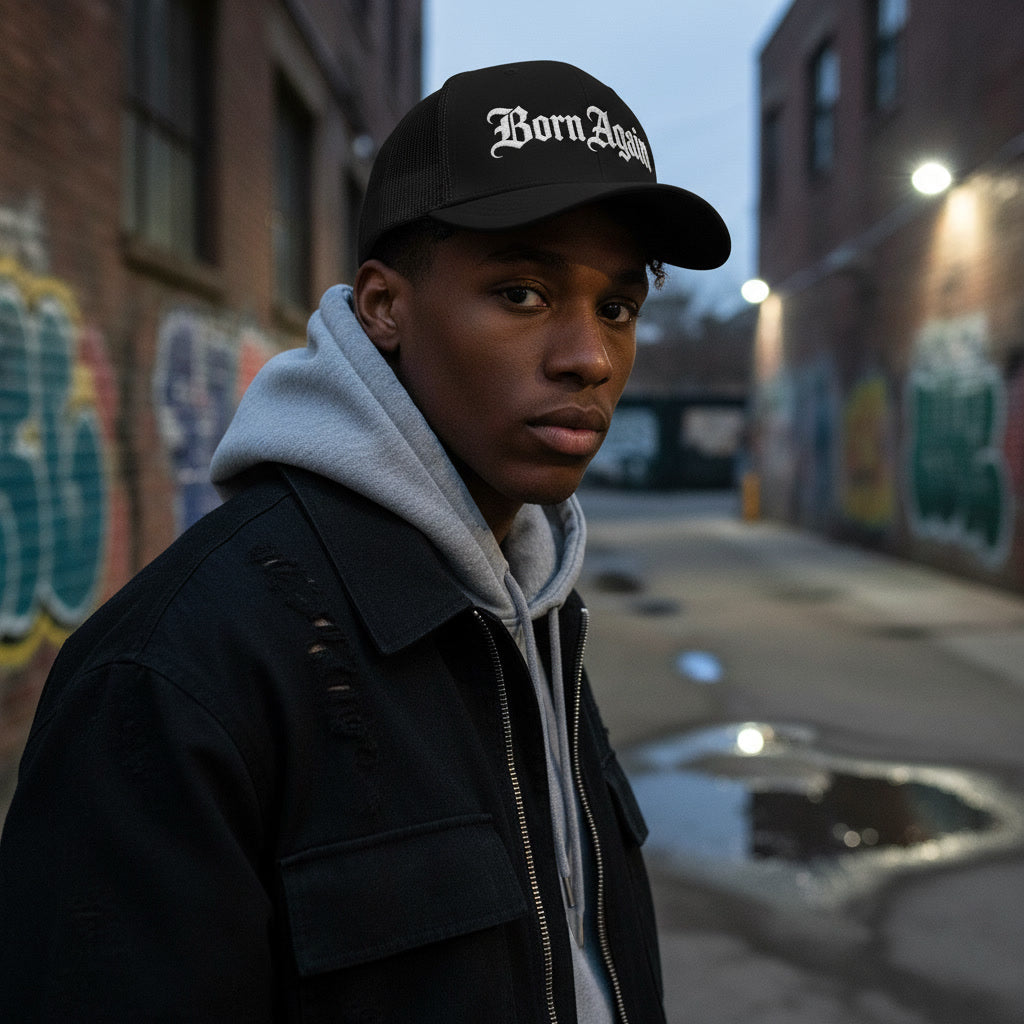 Black mesh-back trucker cap reading Born Again