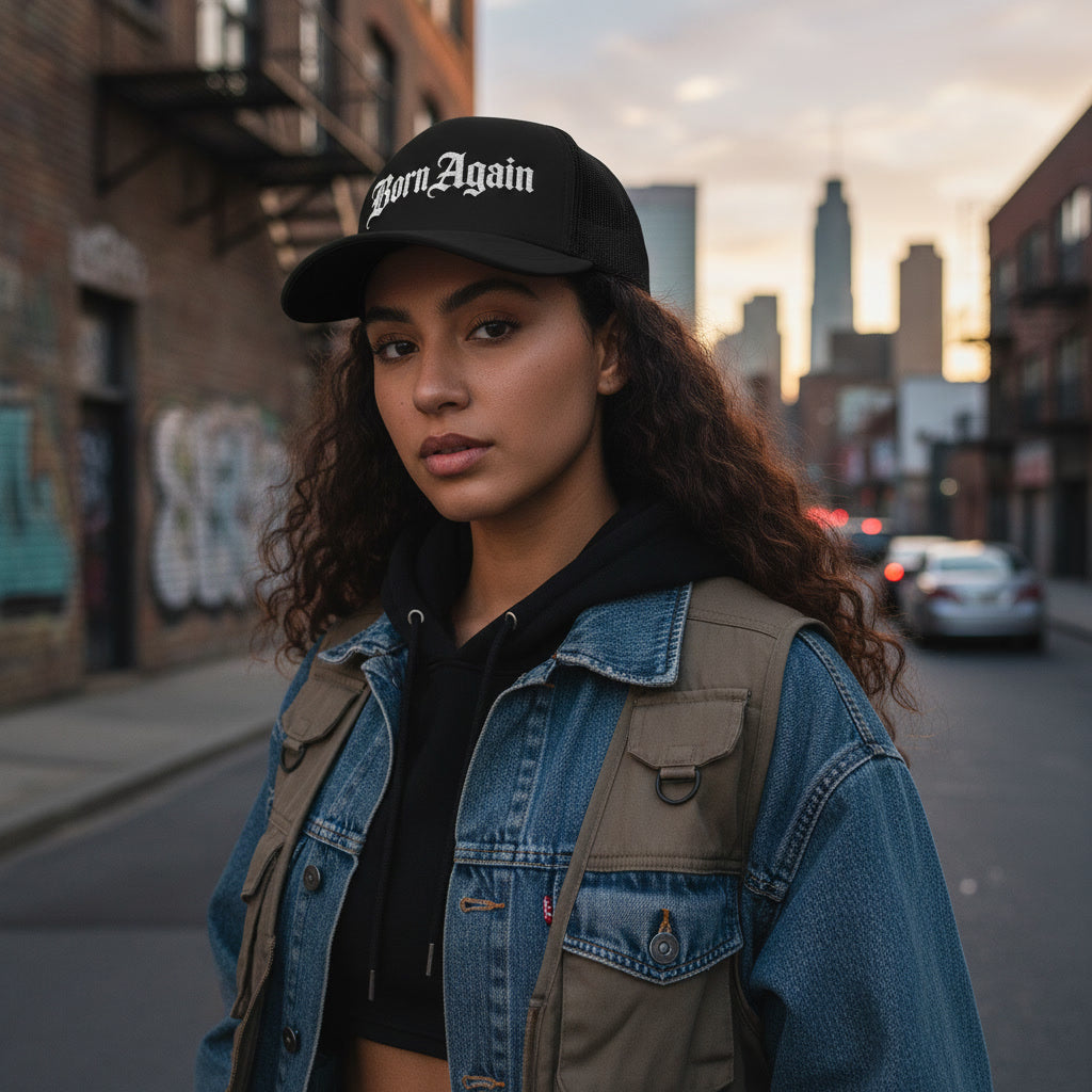 Born Again cap in black, Christian metal style streetwear