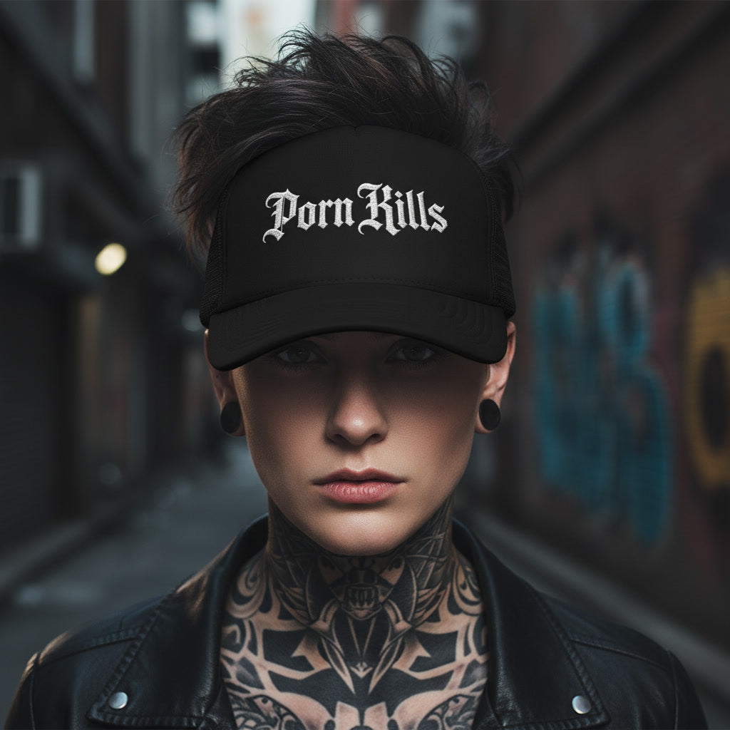 Black Porn Kills trucker cap from Pure Grit Faith, alt Christian streetwear