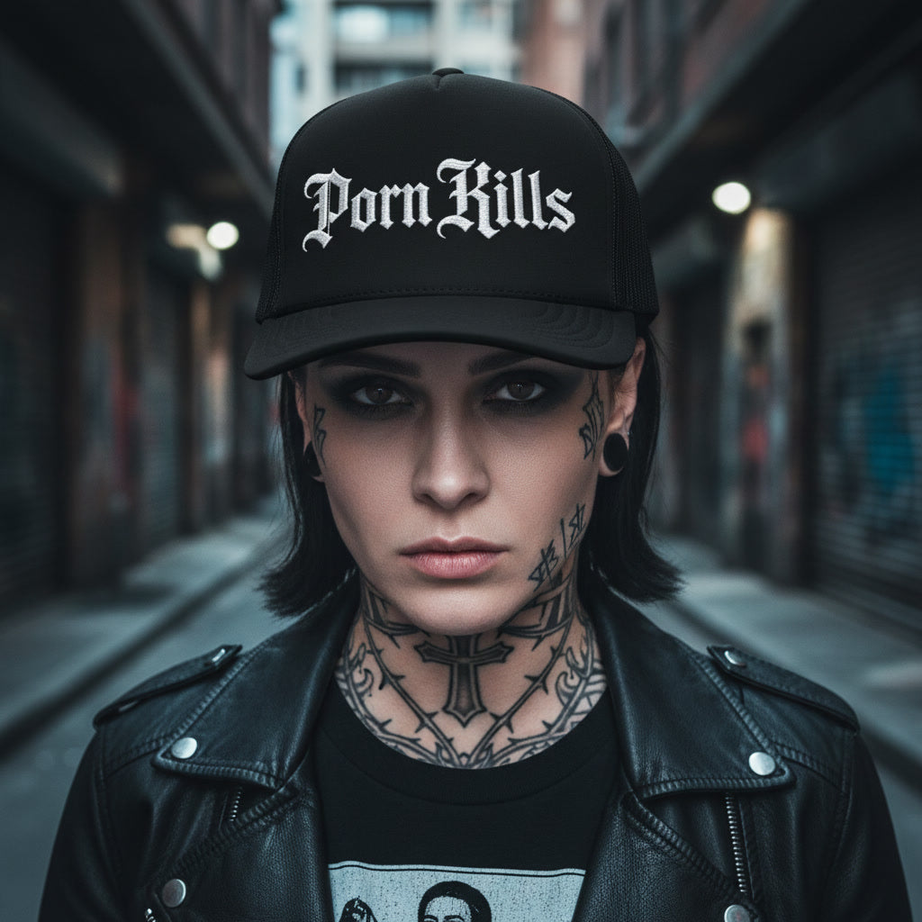 Porn Kills trucker hat in black with white lettering