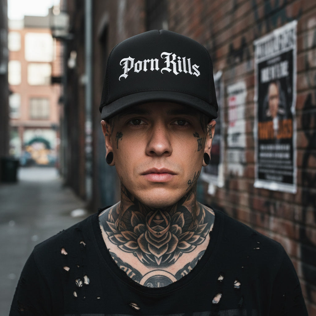 Black mesh-back trucker cap reading Porn Kills