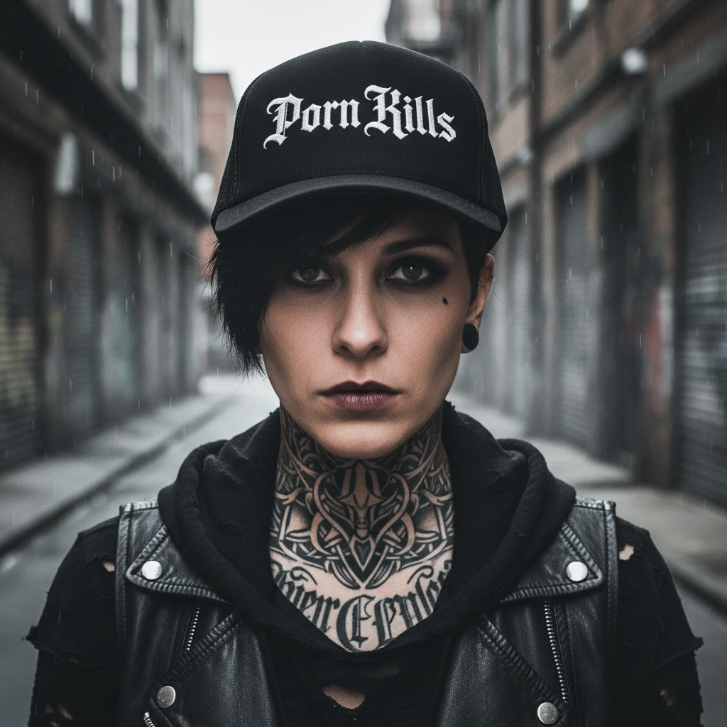 Porn Kills cap in black, Christian metal style streetwear