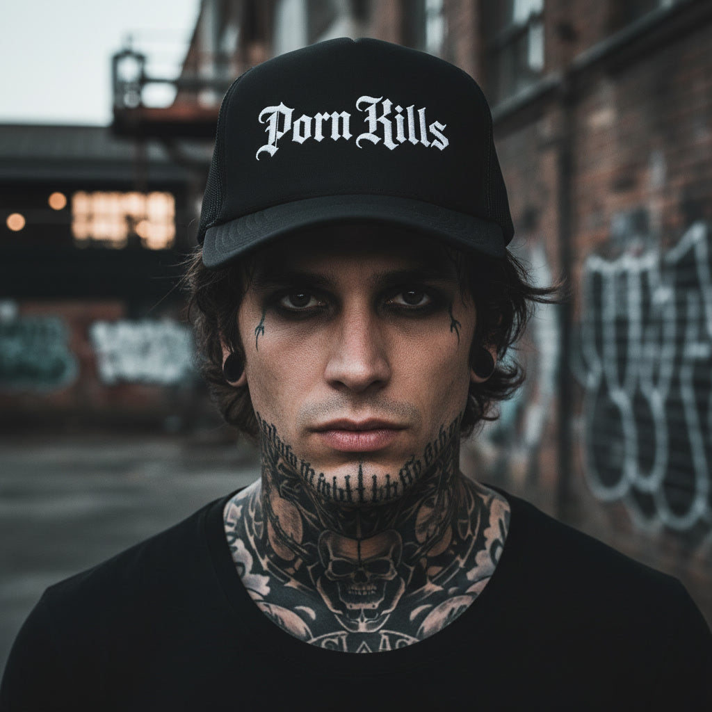 Porn Kills black trucker hat, white blackletter embroidery on the front