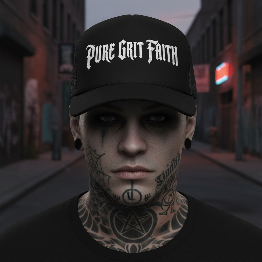 Black Pure Grit Faith trucker cap from Pure Grit Faith, alt Christian streetwear