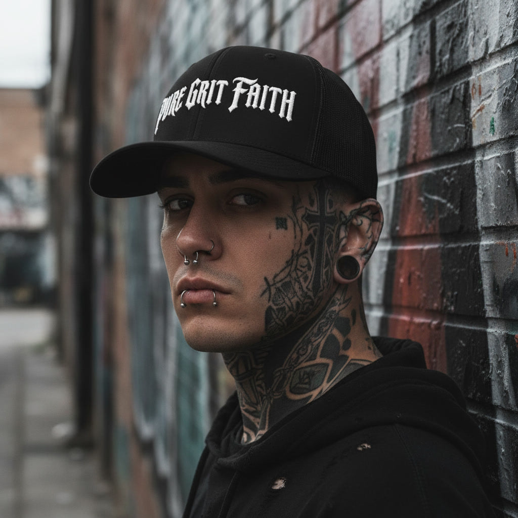 Pure Grit Faith trucker hat in black with white lettering