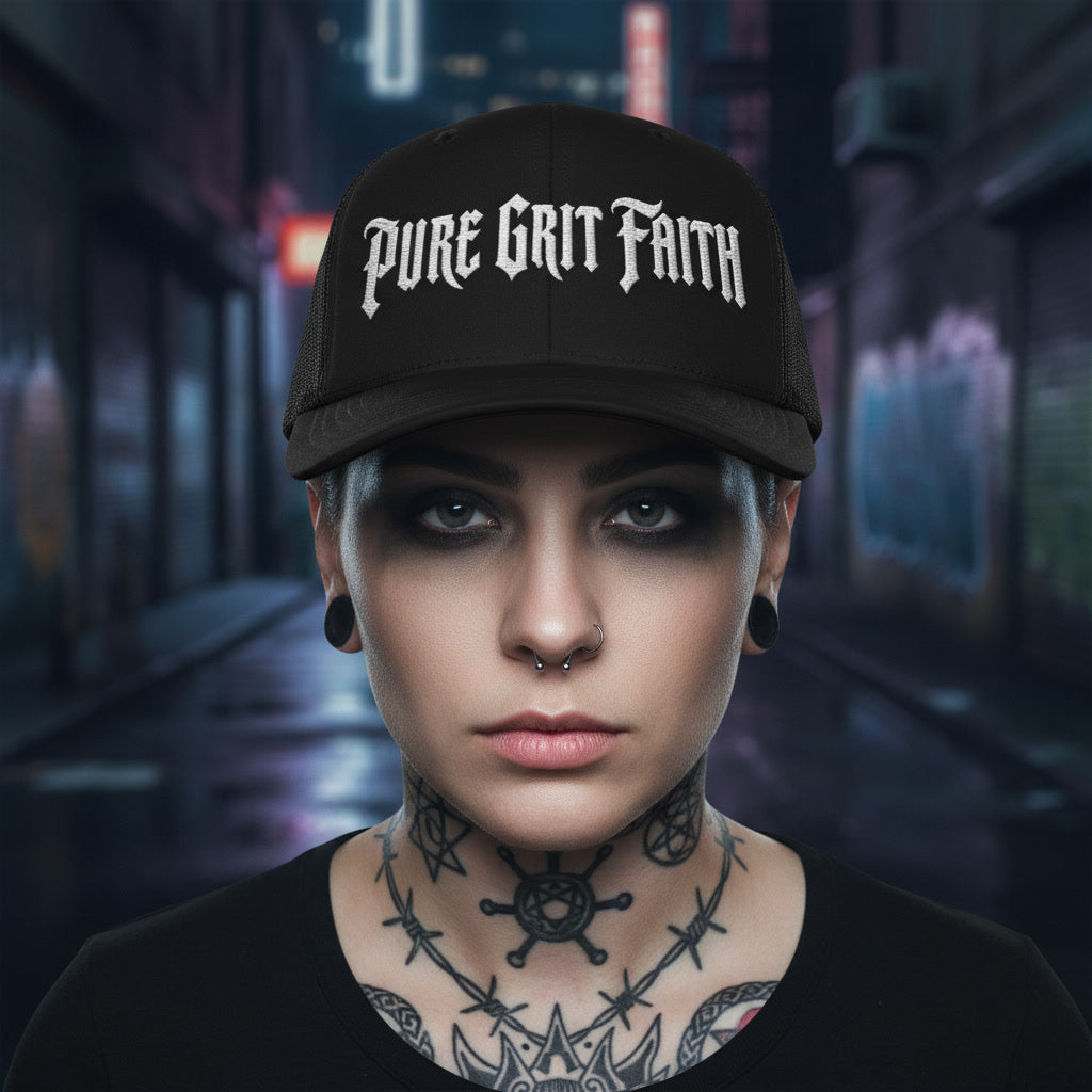Black mesh-back trucker cap reading Pure Grit Faith