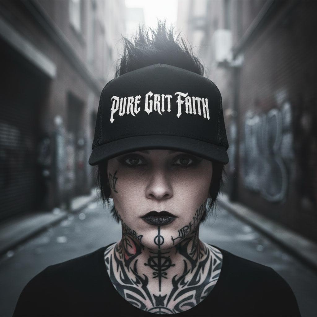 Pure Grit Faith cap in black, Christian metal style streetwear