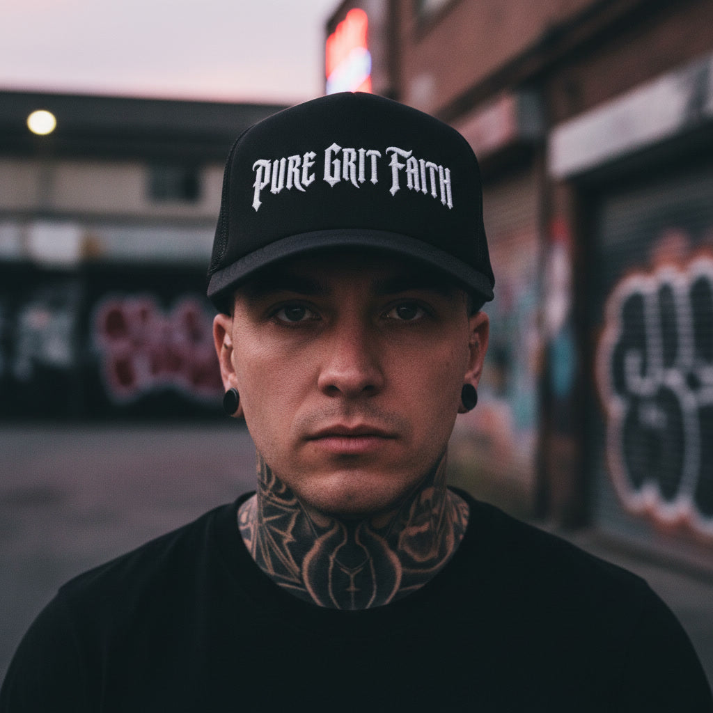 Pure Grit Faith black trucker hat, white blackletter embroidery on the front