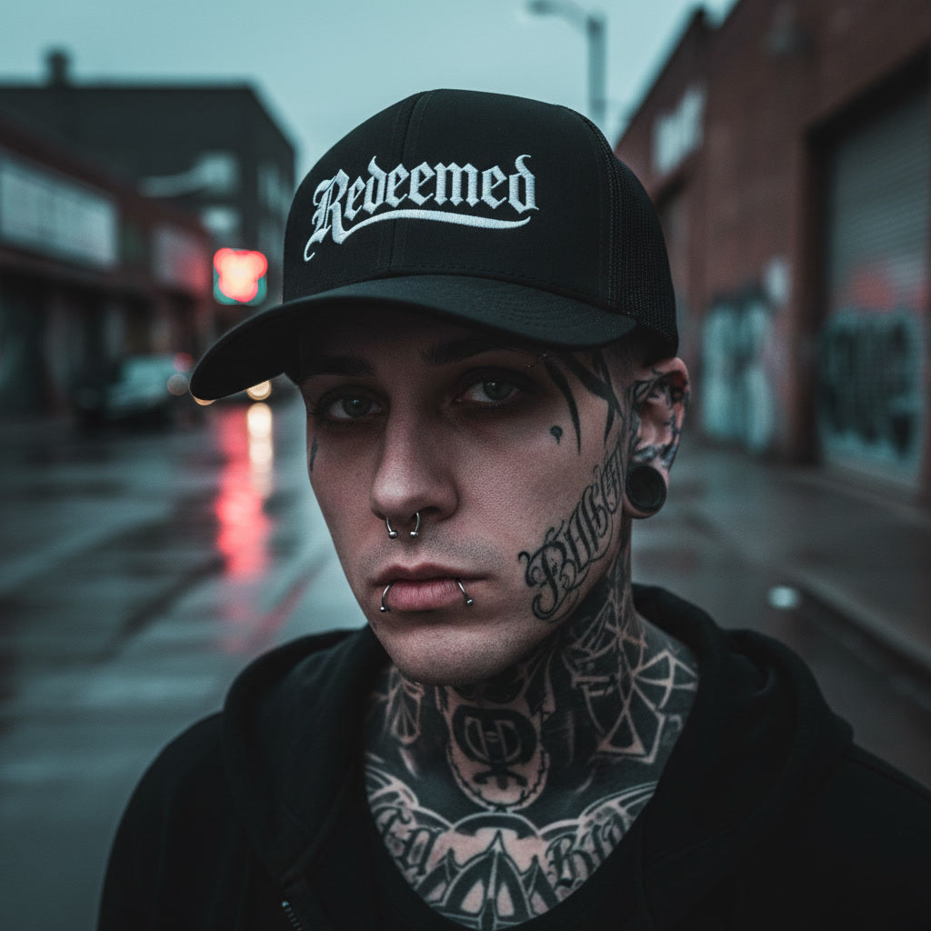 Redeemed black trucker hat, white blackletter embroidery on the front